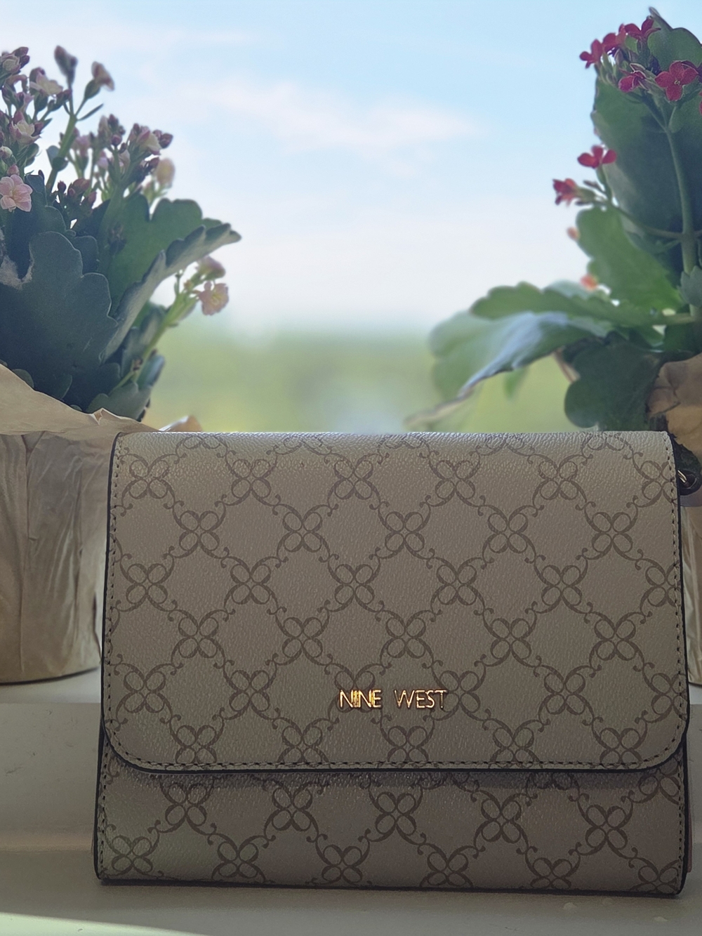 Nine West Taupe Monogram Crossbody Bag with Gold Logo